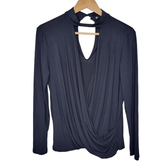 KRISA Surplice Turtleneck Deep-V Choker Neck Top Faux wrap in Black Size Small - Picture 3 of 10